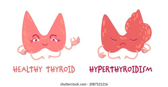 Healthy happy thyroid gland, upset sick thyroid while hyperthyroidism, cartoon characters, vector illustration. Medical infographic elements for healthcare website. Endocrine system disorder problem.