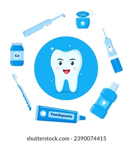 Carácter dental feliz saludable rodeado de herramientas de limpieza dental, productos de higiene bucal. Concepto de salud dental. Ilustración del vector