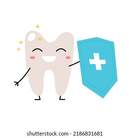 Healthy happy tooth and shield, anti-caries protection concept flat vector illustration