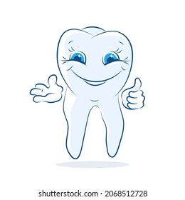 Healthy happy tooth smiles and shows Ok with hand. Vector illustration. Healthcare poster, placard or banner template.