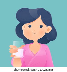 Healthy happy woman rinsing and gargling while using mouthwash from a glass. During daily oral hygiene routine. Dental Health Concept, Vector and illustration Healthy happy woman rinsing and gargling while using mouthwash from a glass. During daily oral hygiene routine. Dental Health Concept, Vector and illustration