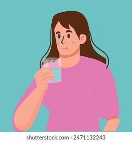 Mujer feliz sana que enjuaga y que hace gárgaras mientras usa el enjuague bucal de una taza. Durante la rutina diaria de higiene oral. Concepto de salud dental, Vector e ilustración.