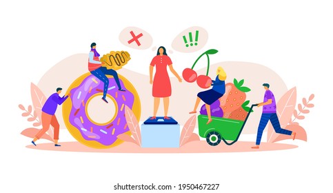 Healthy and harmful food choice, vector illustration. Nutrition with cartoon fruit diet or unhealthy junk product, flat eating food person.