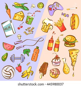 Healthy and harmful products set. Fit or fat concept. Healthy lifestyle versus unhealthy. Vector illustrations for diet and nutrition, weight loss, sport and fitness articles, banners, posters