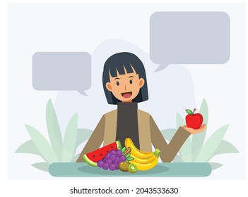 Healthy Healthcare and Dietary Concept.woman holding an apple in hand to Present about nutrition and Vitamin from fruits. Flat vector 2D cartoon character illustration.