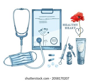 healthy heart, background, poster, fanndoscope, tablet, syringe, pills, medicine, pipette, poppy, respiratory mask, protective, set of medical symbols,