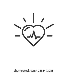 Healthy Heart Beating Vector Icon, Line Outline Art Heart With Pulse Cardiogram Isolated On White Background