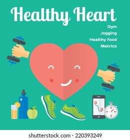 Healthy heart concept flat icons of jogging, gym, healthy food, metrics. Isolated vector illustration and modern design element