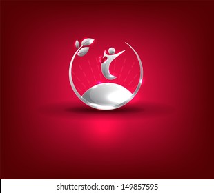 Healthy heart concept. Healthy human jumping above the sun. Beautiful red and silver color combination and sparkling lights.