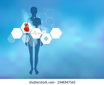 Healthy heart. Concept The volumetric image of the heart with polygonal mesh elements on a blue background.