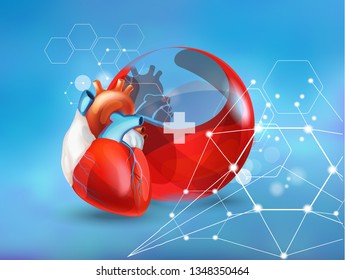 Healthy Heart. Concept The Volumetric Image Of The Human Heart On An Abstract Background.