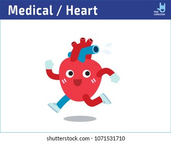 Healthy heart exercising. jogging and sweating. runningCartoon cute character icon vector illustration.healthcare medical concept.