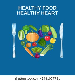 Healthy heart with healthy food diet concept. Vector illustration in flat style