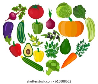 Healthy heart with healthy food diet concept. Vector illustration in flat style