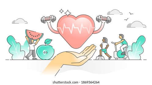 Healthy heart with fruit eating and physical training outline concept. Medical checkups and fitness with aerobic and cardio pulse lifestyle for correct heart rate without strokes vector illustration.