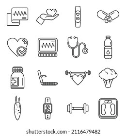 Healthy heart icons set outline vector. Health care. Cardiac medicine