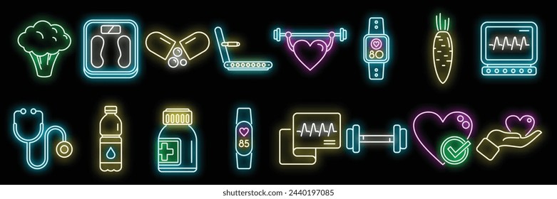 Healthy heart icons set outline vector. Health care. Cardiac medicine neon color isolated