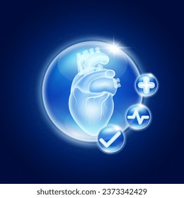 Healthy heart inside glass bubbles glowing with medical icon cross sign, Heart pulse and Check mark. Medical health care innovation. Human anatomy organ translucent on blue background. Vector.