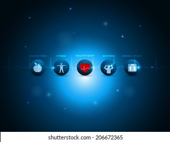 Healthy heart lifestyle icons, healthy food, exercises, no stress and normal weight. Beautiful deep blue color gradient background with light shades.