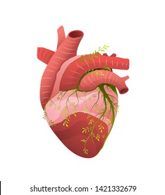 Healthy heart metaphor flat vector illustration. Growing plant on human muscular internal organ abstract illustration. Heart disease prevention and health protection surreal drawing. Medicine and heal