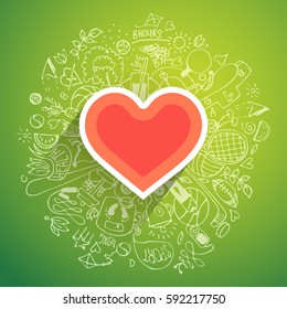 Healthy heart symbol with doodle concept with sketches about sport and health around it, vector modern concept about healthy lifestyle, heart disease treatment with sport, natural food, good sleep.