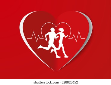 Healthy heart vector paper cut style with running man and woman.Pulse heart rate meaning jogging is good for the heart