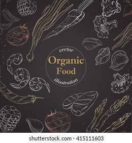 Healthy and Hearty Food. Organic restaurant background template on chalkboard