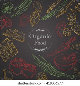 Healthy and Hearty Food. Organic restaurant background template. Green, red and yellow objects on chalkboard