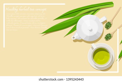 Healthy herbal tea concept. Alternative medicine from herbs. A tea set with dried and fresh pandan leaves. Top view. Flat lay. Copy space. Vector illustration.