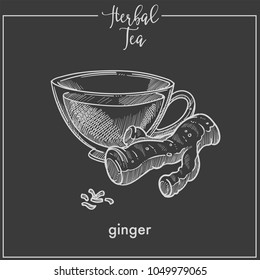 Healthy herbal tea with ginger root in glass cup