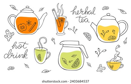 Healthy herbal tea outline elements set. Hot drink sketch. Doodle hand drawn teapots, cups, natural organic ingredients isolated on white. Handwritten sayings