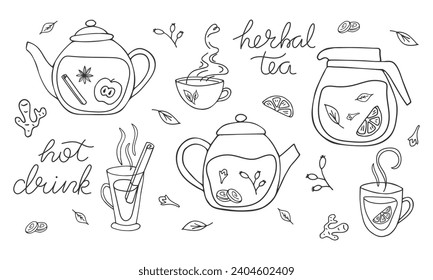 Healthy herbal tea outline elements set. Hot drink sketch. Doodle hand drawn teapots, cups, ginger, lemon, mint leaves. Black and white linear background. Handwritten sayings