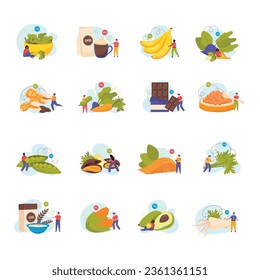 Healthy high magnesium foods flat icons set with tiny human characters isolated vector illustration