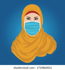 Healthy of hijab female wear protective mask against infectious diseases and flu. Stop the infection. Health care concept. Vector illustration.
