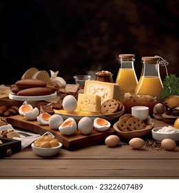 Healthy homemade products eggs and cheese on the table pattern realistic vector graphics 3d for restaurant and menu photography