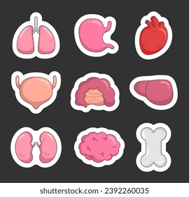 Healthy human anatomy internal organs. Sticker Bookmark. Lung, stomach, heart, bladder, intestine, liver, kidney, brain, bone. Hand drawn style. Vector drawing. Collection of design elements.