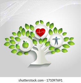 Healthy human concept. Tree with health care symbols.  Healthy food and fitness leads to healthy heart and life. Beautiful bright design.