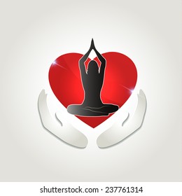 Healthy human health care symbol. Woman in yoga pose and abstract arms as health maintenance