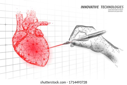 Healthy Human Heart Beats 3d Medicine Model Low Poly. Laser Surgery Online Operation. Internal Body Modern Anatomical Shape Innovative Technology Render Vector Illustration