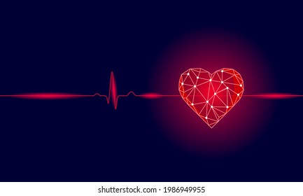 Healthy Human Heart Beats 3d Medicine Model Low Poly. Triangle Connected Dots Glow Point Red Background. Pulse Internal Body Modern Anatomical Shape Innovative Technology Render Vector Illustration