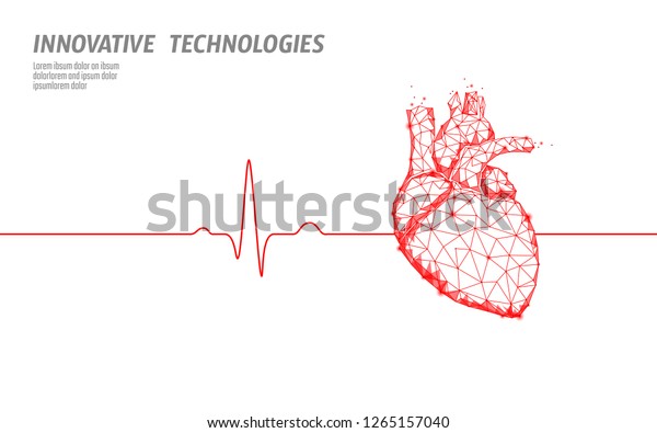 Healthy human heart beats 3d medicine model\
low poly. Triangle connected dots glow point red background. Pulse\
internal body modern anatomical shape innovative technology render\
vector illustration