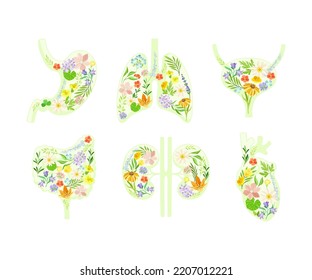 Healthy Human Internal Organs with Anatomical Lungs, Stomach, Kidneys, Bladder, Intestines and Heart with Blooming Flora Vector Set