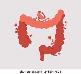 Healthy human Intestine in bloom. Good microbiome colon function. Digestive system wellness and balance. Creativity flat vector illustration