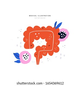 Healthy human intestine vector flat illustration. Medical care of alimentary canal. Rectum vector cartoon hand drawn character design. Preventing cancer element for information posters, booklet