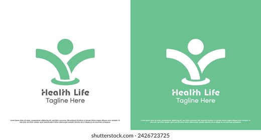 Healthy human life logo design illustration. Silhouette shape of body fit people patient cure treatment care hospital clinic medicine business. Green simple flat minimal body hand modern icon symbol.