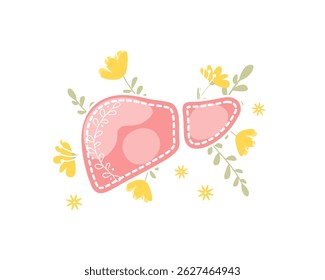 Healthy human liver with flowers and leaves. Vector illustration isolated on white background. Hand drawn flat cartoon style. Floral liver