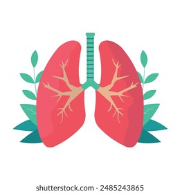 Pulmones humanos sanos, con hojas verdes. Sobre un fondo blanco. Día Mundial de la Tuberculosis, Día Mundial sin Tabaco, Cáncer de pulmón, Hipertensión pulmonar, Neumonía, EPOC, Ecoaire