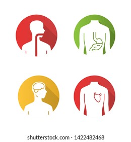 Healthy human organs flat design long shadow glyph icons set. Throat and heart in good health. Functioning stomach. Wholesome brain. Internal body parts in good shape. Vector silhouette illustration