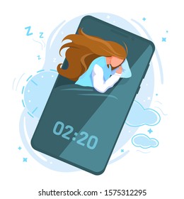 Healthy human sleep control cycle stages vector flat isolated illustration. Girl sleeping with smartphone. Concept social media addiction. Smart alarm clock app mobile phone screen. Gadget software.