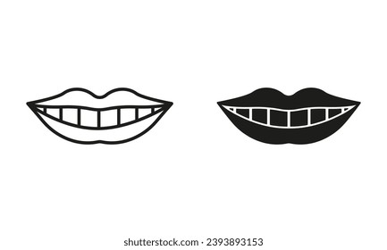 Healthy Human Smile Silhouette and Line Icons Set. Beauty Lips and White Teeth Pictogram. Oral Care, Mouth with Teeth, Dental Treatment Symbol Collection. Dentistry Sign. Isolated Vector Illustration.